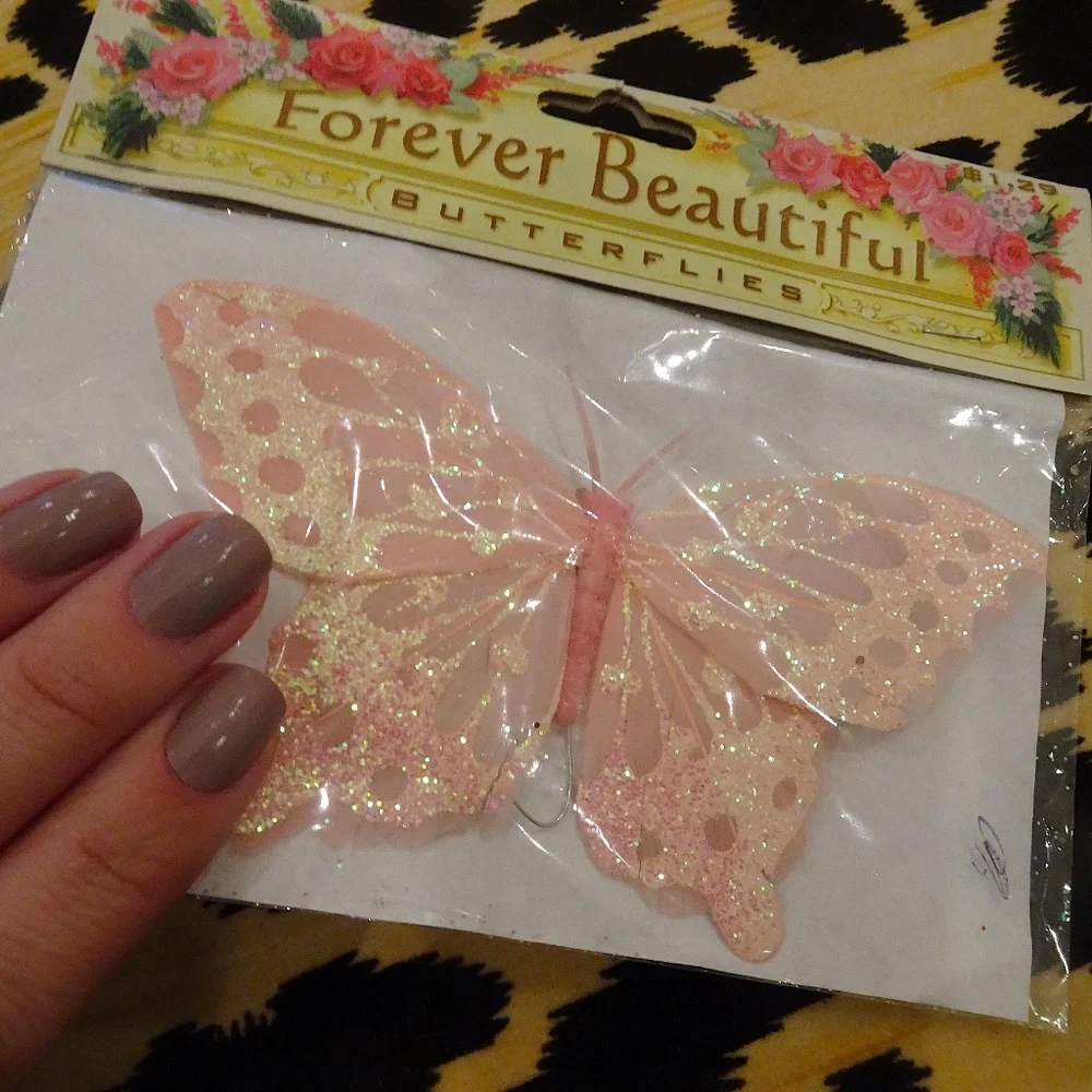 VTG Pink & Blue Glittery Feather Butterflies for Crafting - Brand New Set of 2🦋
